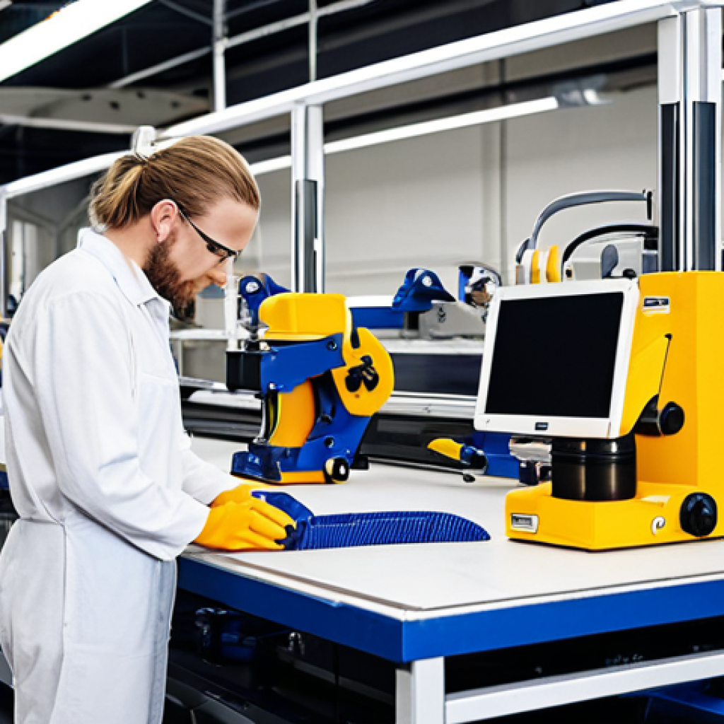 **Customized ergonomic tools on a Swedish assembly line.** Focus on the tools being 3D printed, tailored to the specific needs of the workers and workstations. Show a bright, modern factory environment with a focus on efficiency and worker well-being.