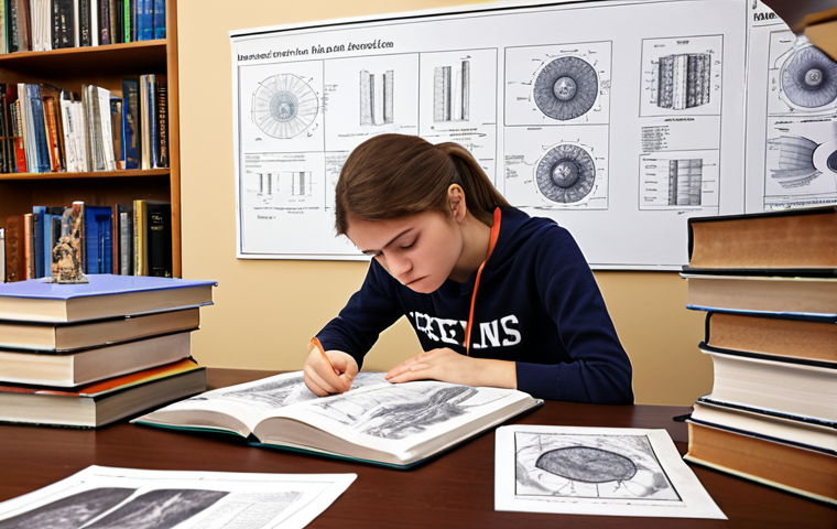 **A student intensely studying material properties:** Focus on a student surrounded by textbooks and diagrams, deeply concentrating on understanding concepts like stress, strain, and material behavior under load. The scene should convey the importance of foundational knowledge in material science.